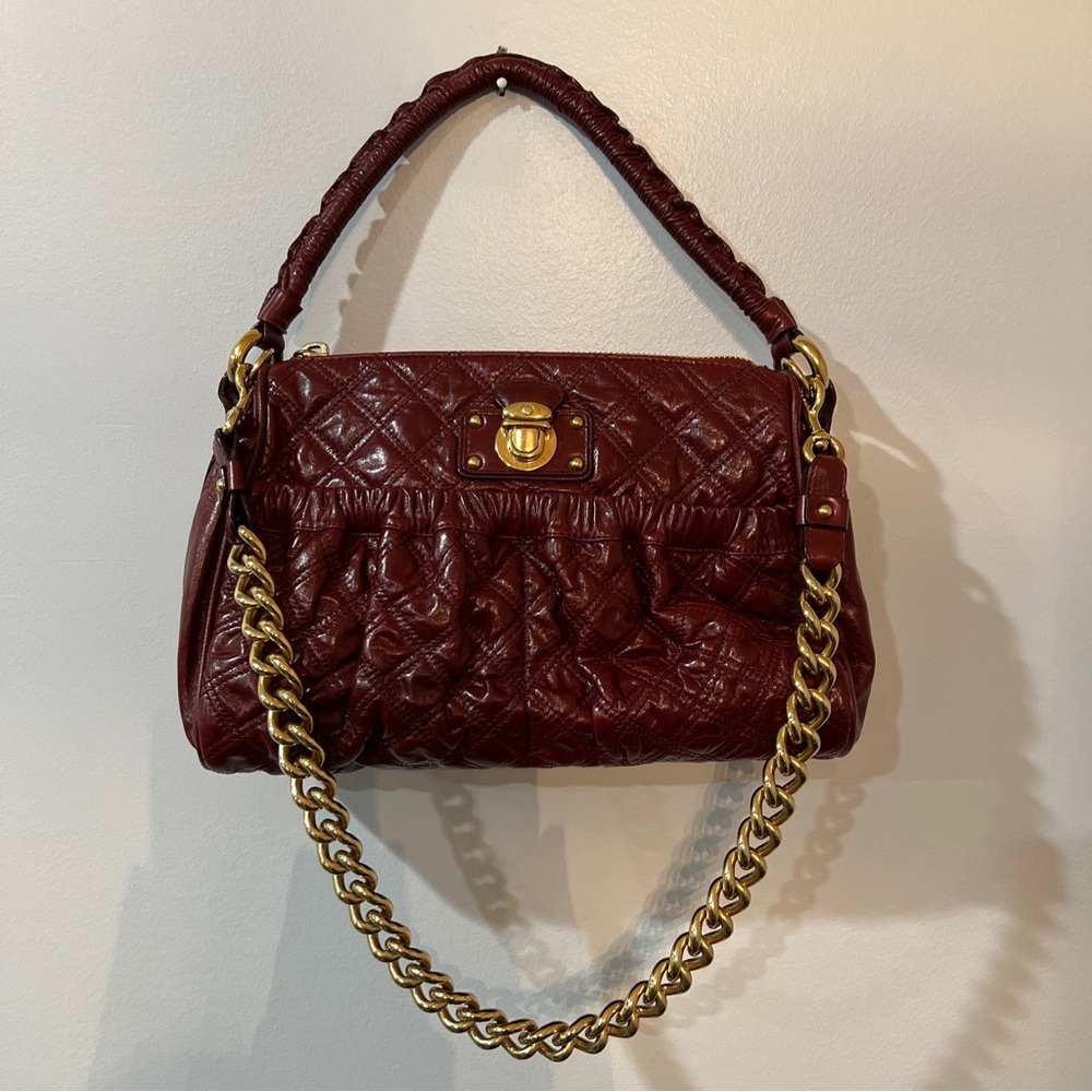 Marc Jacobs Purse Quilted Calfskin Leather Julianne Bag Maroon Gold Chain
